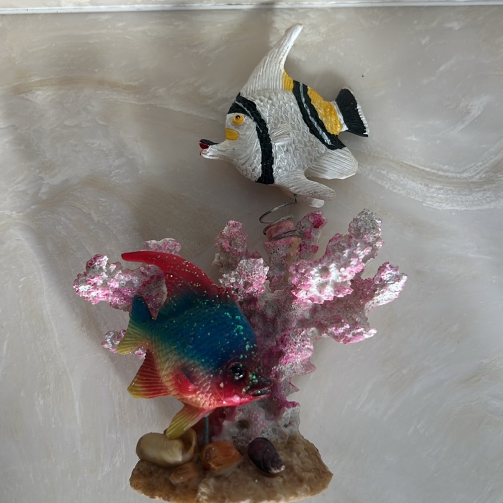 Vtg White/Black Stripe & Rainbow Fish on Pink Coral - Picture 3 of 10